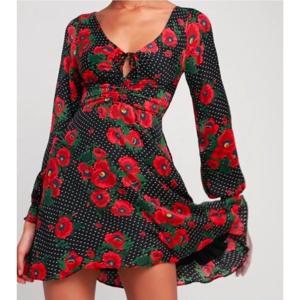 Free People Red Poppy Polka Dot Mini Dress Long Sleeve Keyhole Black Womens 8